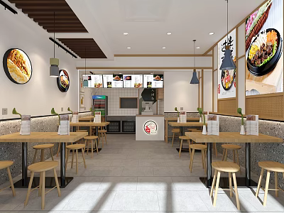 Modern Restaurant Interior With Wooden Tables Stools Hanging Lights And Menu Posters 3d model