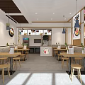 Modern Restaurant Interior With Wooden Tables Stools Hanging Lights And Menu Posters