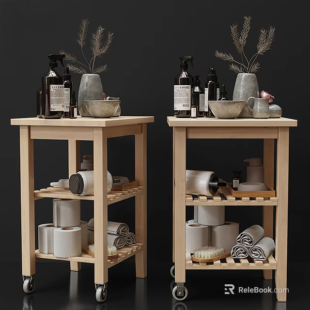 Bathroom Accessories Organizer With Wooden Storage Shelves Rolled Towels Bottles And Soap 3d model 