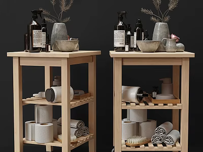 Bathroom Accessories Organizer With Wooden Storage Shelves Rolled Towels Bottles And Soap 3d model