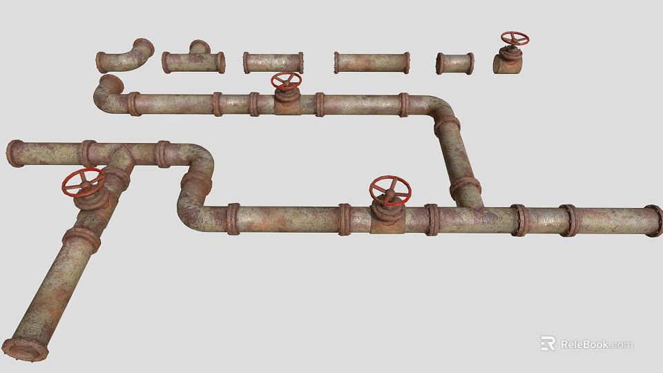 Rusty Iron Pipes Featuring Red Wheel Valves Different Shapes And Fittings 3d model 
