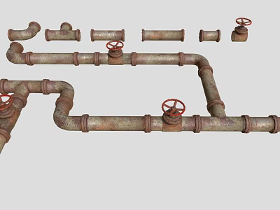 Rusty Iron Pipes Featuring Red Wheel Valves Different Shapes And Fittings 3d model
