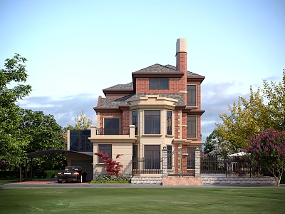 Traditional Detached Villa With Brick Exterior Gabled Roof Chimney Green Lawn And Surrounding Trees 3d model