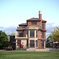Traditional Detached Villa With Brick Exterior Gabled Roof Chimney Green Lawn And Surrounding Trees
