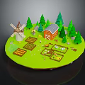 Cartoon Farm Scene With Windmill Red Barn Green Trees And Vegetable Patches