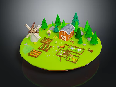 Cartoon Farm Scene With Windmill Red Barn Green Trees And Vegetable Patches 3d model