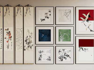 Traditional Chinese Art Wall Decorations With Scrolls And Framed Paintings 3d model