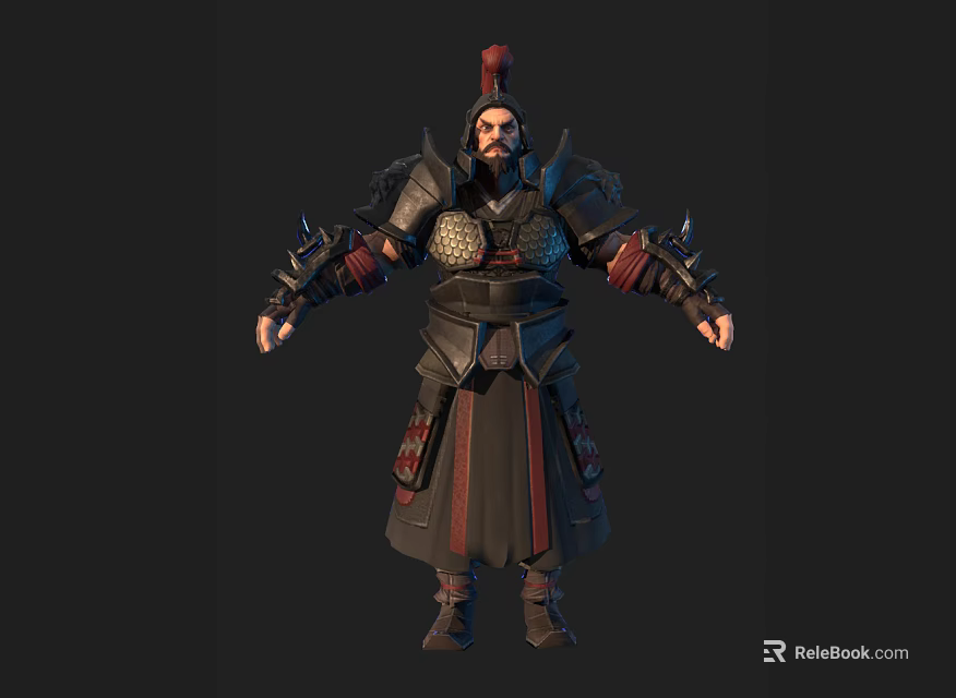 Ancient Armored Warrior Character with Red Decorated Helmet and Metallic Battle Armor 3d model 