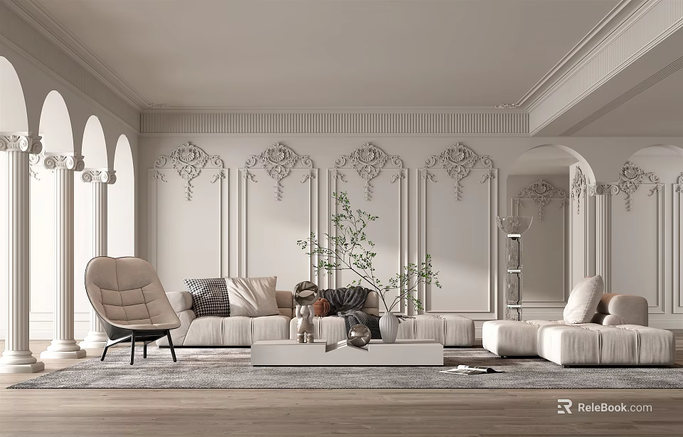 Elegant Modern Living Room Interior With Decorative Wall Panels Comfy Sofa And Green Plants 3d model 