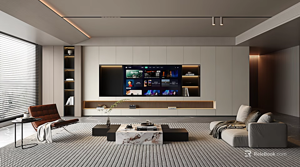 Modern Living Room Interior Design With TV Wall White Cabinets Sofa And Marble Coffee Table 3d model 