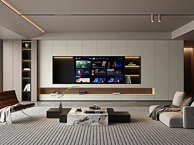 Modern Living Room Interior Design With TV Wall White Cabinets Sofa And Marble Coffee Table 3d model