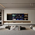 Modern Living Room Interior Design With TV Wall White Cabinets Sofa And Marble Coffee Table
