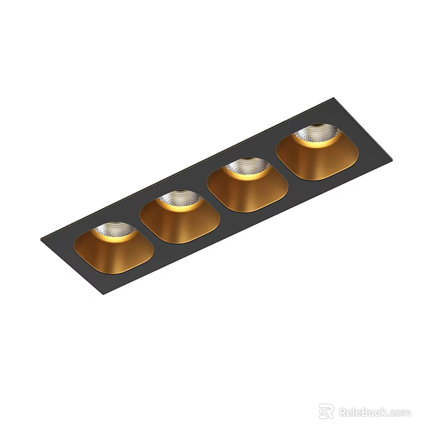 Four Golden LED Downlights and Spotlights on Black Rectangular Panel 3d model 