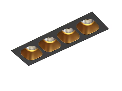 Four Golden LED Downlights and Spotlights on Black Rectangular Panel 3d model