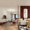 Elegant Hotel Guest Room Interior With Crystal Chandelier Double Bed Red Pouf And Decorative Ceiling