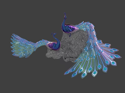 Two Vibrant Peacocks With Colorful Spread Tails Perched On Rock Surface 3d model