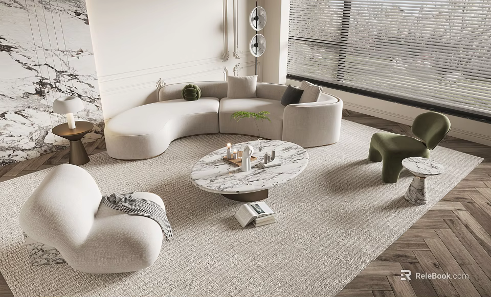 Modern Curved Sofa and Marble Coffee Table Set with Green Accent Chair and Rug 3d model 