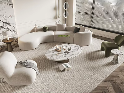 Modern Curved Sofa and Marble Coffee Table Set with Green Accent Chair and Rug 3d model