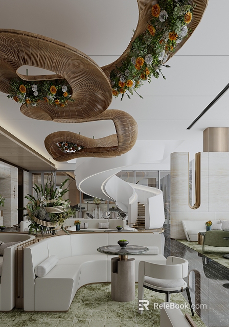 Modern Leisure Area Interior With Cozy Sofa Green Plants And Decorative Lighting 3d model 