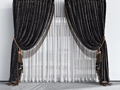 Luxurious Dark Curtains With Sheer Layers And Tassels 3d model