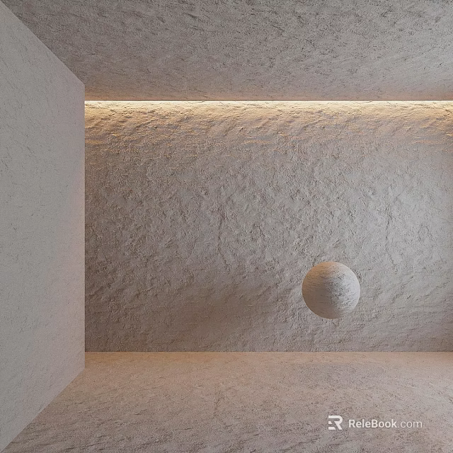 Rough Textured Wall Component In Minimalist Interior With Recessed Lighting And Floating Sphere 3d model 
