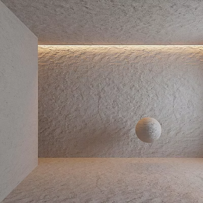 Rough Textured Wall Component In Minimalist Interior With Recessed Lighting And Floating Sphere 3d model