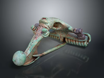 Rustic Green Patina Metal Clamp With Spherical End And Intricate Carvings 3d model