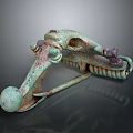 Rustic Green Patina Metal Clamp With Spherical End And Intricate Carvings