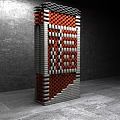Vertical Structure With Red Black Checkered And White Gray Striped Modular Design On Gray Background