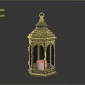 Black Metal Lantern With Intricate Cutout Design And White Candle Inside