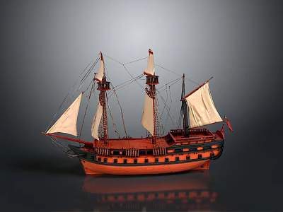 Vintage Sailing Ship Model With Multiple Masts White Sails And Orange Hull 3d model
