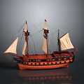 Vintage Sailing Ship Model With Multiple Masts White Sails And Orange Hull