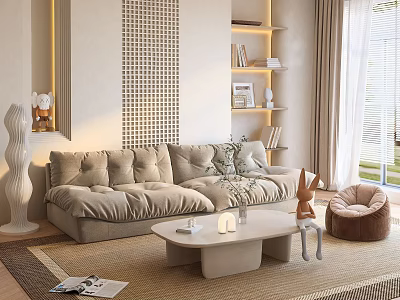 Modern Cozy Living Room With Beige Sofa White Coffee Table And Brown Bean Bag Chair 3d model