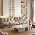 Modern Cozy Living Room With Beige Sofa White Coffee Table And Brown Bean Bag Chair
