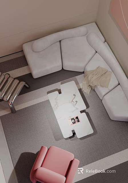 Modern Curved Light Gray Sofa and White Marble Coffee Table Set with Beige Blanket 3d model