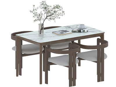 Modern Dining Table With Chairs Marble Top Wooden Frame Light Cushions Vase Magazine Tea Set 3d model