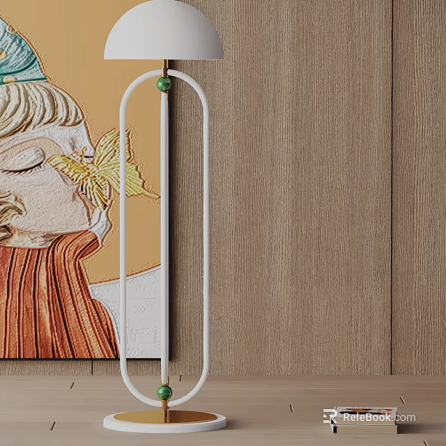 Elegant Floor Lamp Featuring White Frame And Green Beads Against Wooden Wall Artwork 3d model 