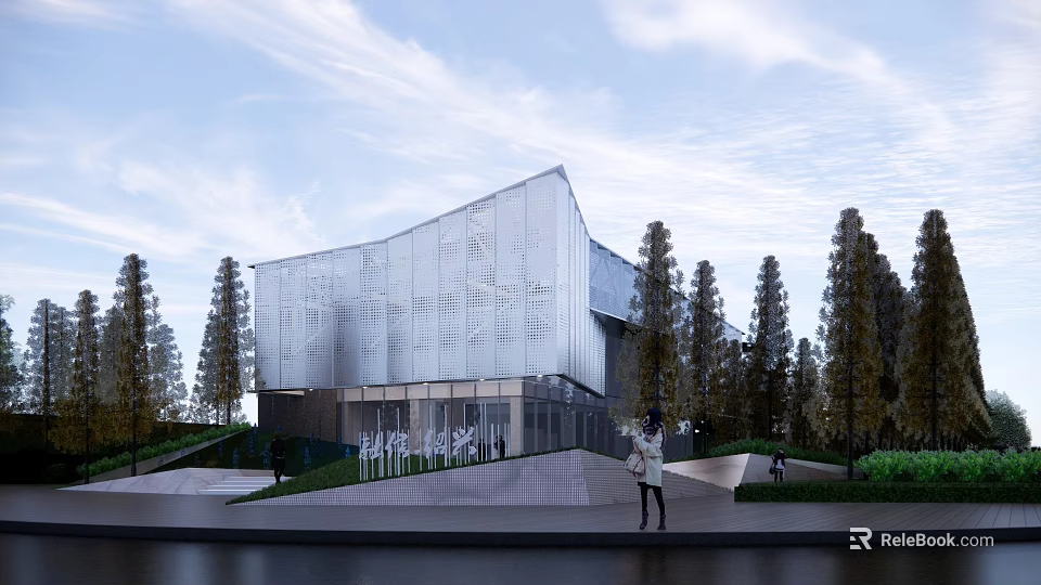 Modern Sales Office Building With Glass Facade And Geometric Design Surrounded By Trees 3d model 