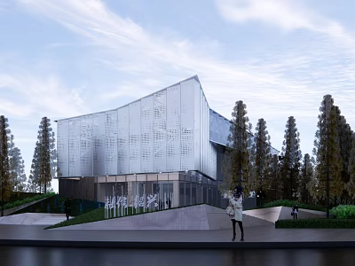 Modern Sales Office Building With Glass Facade And Geometric Design Surrounded By Trees 3d model