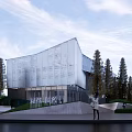 Modern Sales Office Building With Glass Facade And Geometric Design Surrounded By Trees