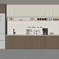 Modern Pantry With White And Wooden Cabinets Upper Shelves Cups Jars Coffee Machine And Refrigerator