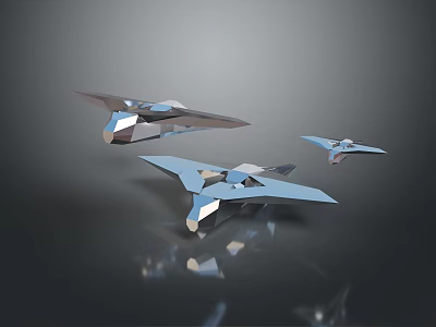 Futuristic Silver Geometric Flying Crafts With Reflective Surfaces In Dark Background 3d model