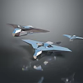 Futuristic Silver Geometric Flying Crafts With Reflective Surfaces In Dark Background