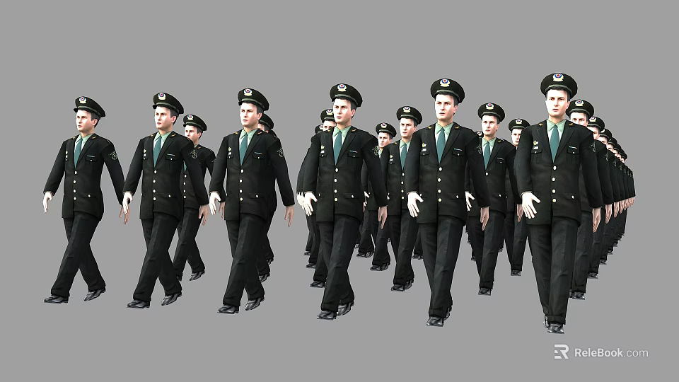 Group of Uniformed Men Marching in Formation with Black Suits and Green Ties 3d model 