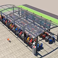 Outdoor Electric Vehicle Shelter Housing Parked Scooters Under Canopy With Trees And Paved Ground