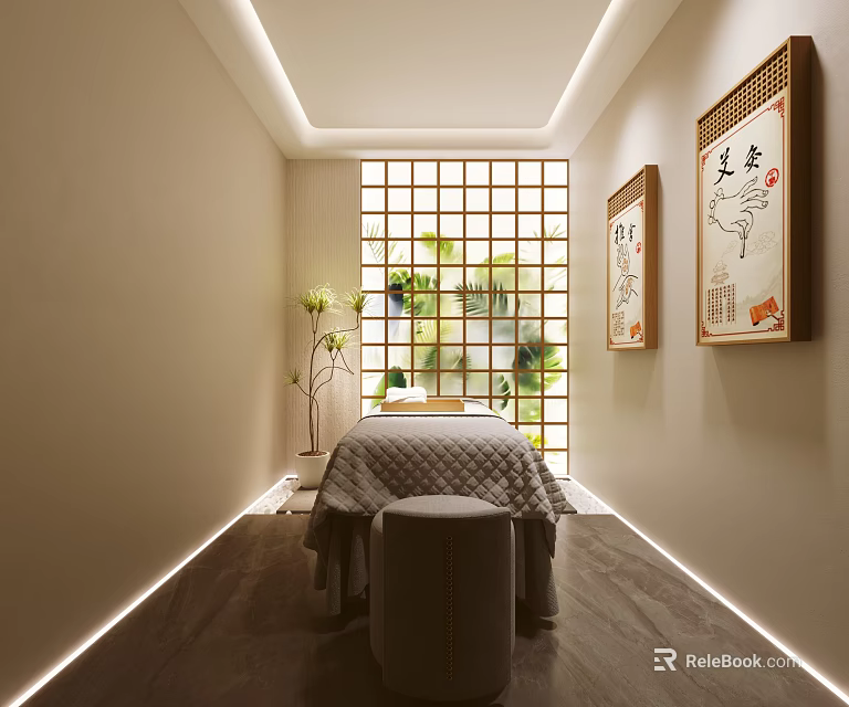 Elegant Beauty Hair Salon Treatment Room With Massage Bed Grid Window And Decorative Paintings 3d model 