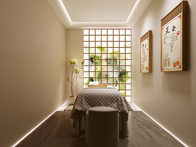 Elegant Beauty Hair Salon Treatment Room With Massage Bed Grid Window And Decorative Paintings 3d model