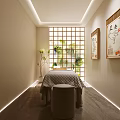 Elegant Beauty Hair Salon Treatment Room With Massage Bed Grid Window And Decorative Paintings