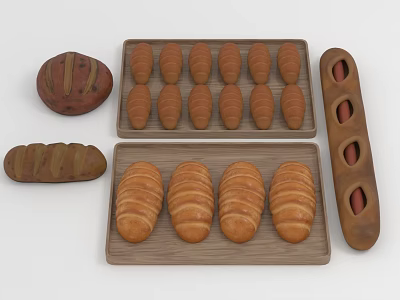 Assorted Fresh Breads Display With Croissants Baguettes And Round Loaves On Wooden Trays 3d model