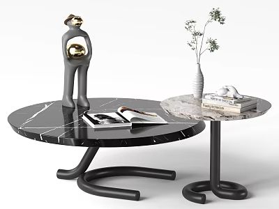 Modern Coffee Tables With Marble Top Black Base Sculpture Vase And Stacked Books Decor 3d model